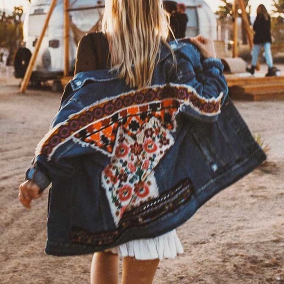 Boho Denim Blue Floral Embroidered Jean Jacket - Picture 3 of 14